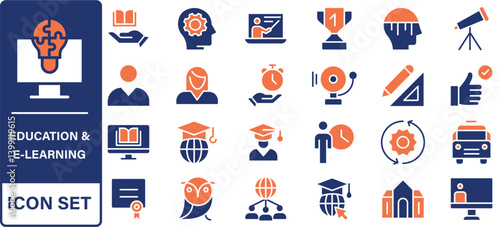 E-learning glyph solid icons collection. Containing content education, learn, tutorial, training.