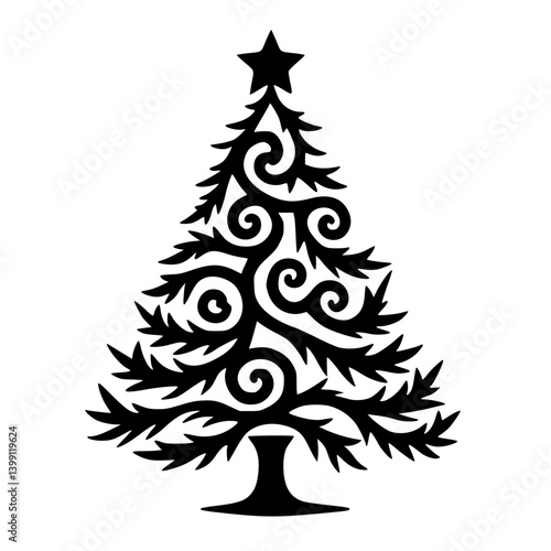 Ornate Black Christmas Tree Silhouette on White