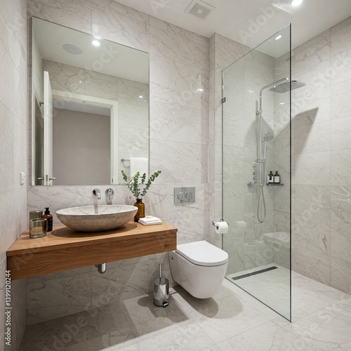 Modern, bright bathroom with marble tiles, wood vanity, vessel sink, frameless shower, and minimalist design. Clean and luxurious.