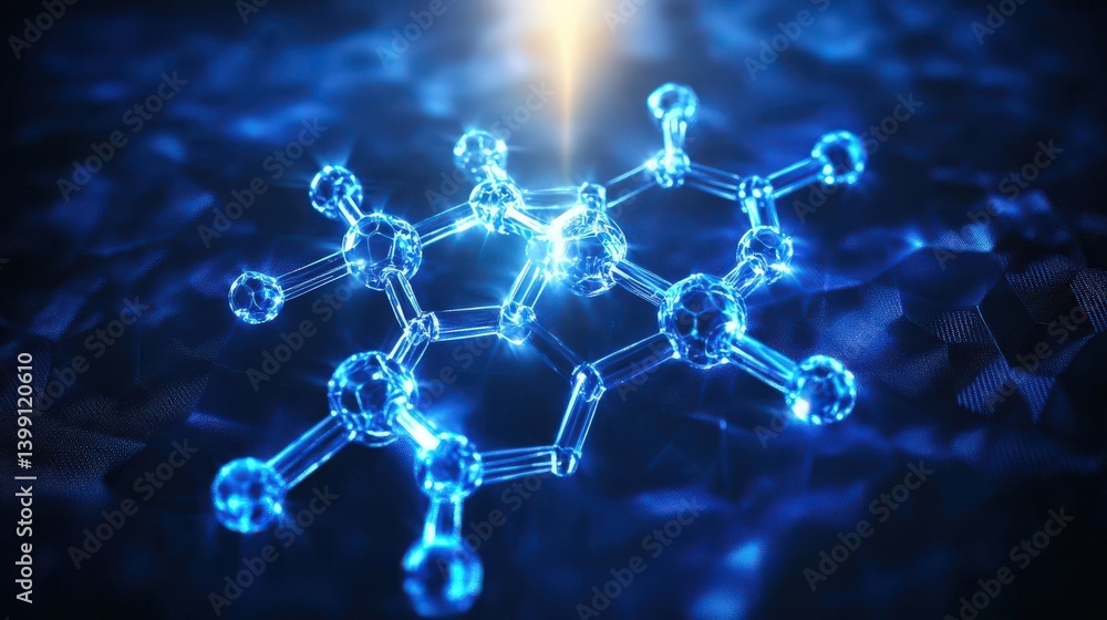 Abstract blue background featuring a hexagonal network and glowing dots, symbolizing technology, science, and medical concepts with a digital representation of a chemical structure. Abstract blue background featuring a hexagonal network and glowing dots, symbolizing technology, science, and medical concepts with a digital representation of a chemical structure.