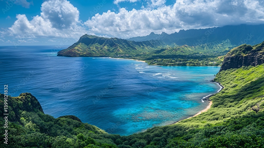 Tropical bay with blue water lush green hills and cloudy sky. Tropical bay with blue water lush green hills and cloudy sky.