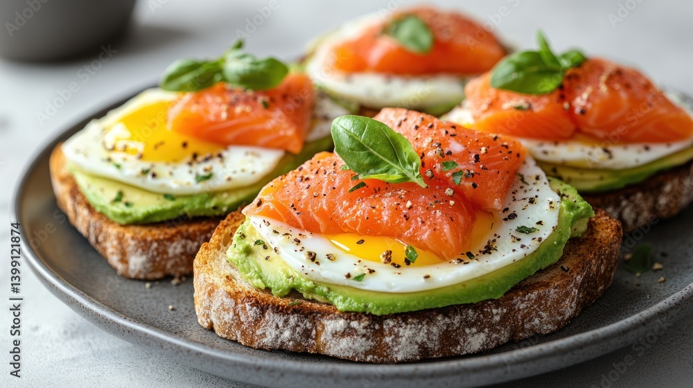 Salmon Avocado Toast with Fried Eggs - Breakfast on Plate Salmon Avocado Toast with Fried Eggs - Breakfast on Plate