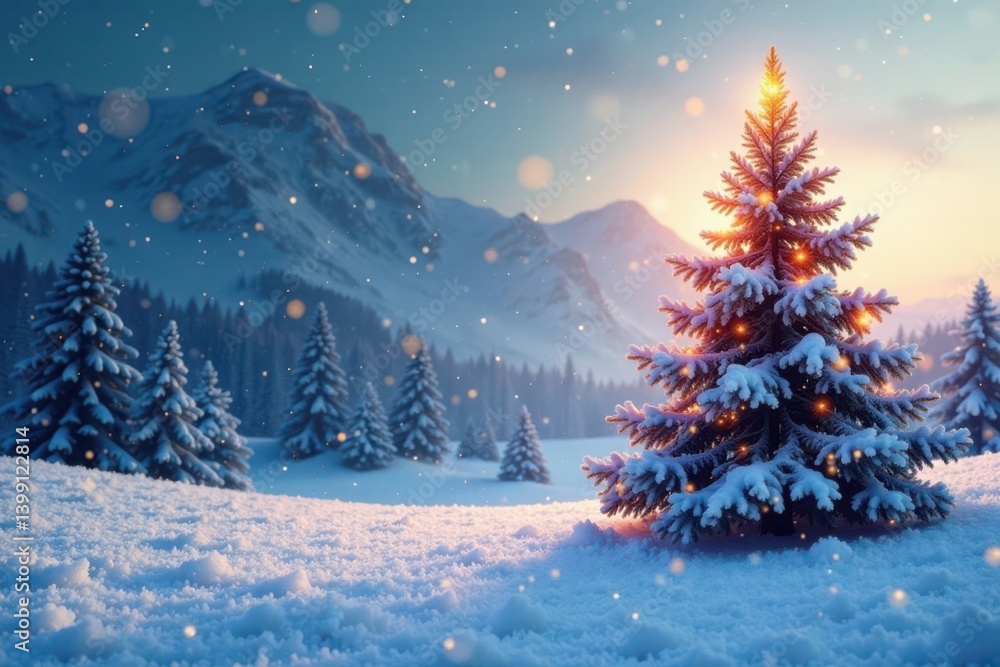 Naklejka premium Snowy winter landscape with Christmas tree, icy , snowflakes