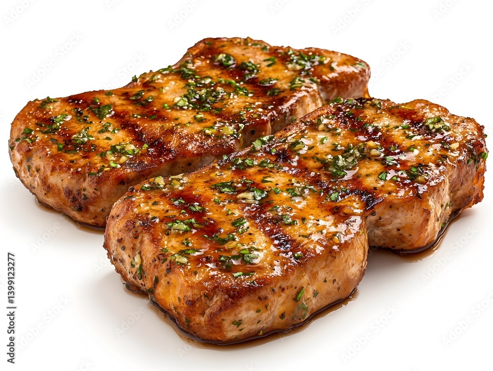Two delicious grilled pork chops seasoned with fresh herbs and a savory glaze are presented on a white background. Two delicious grilled pork chops seasoned with fresh herbs and a savory glaze are presented on a white background.