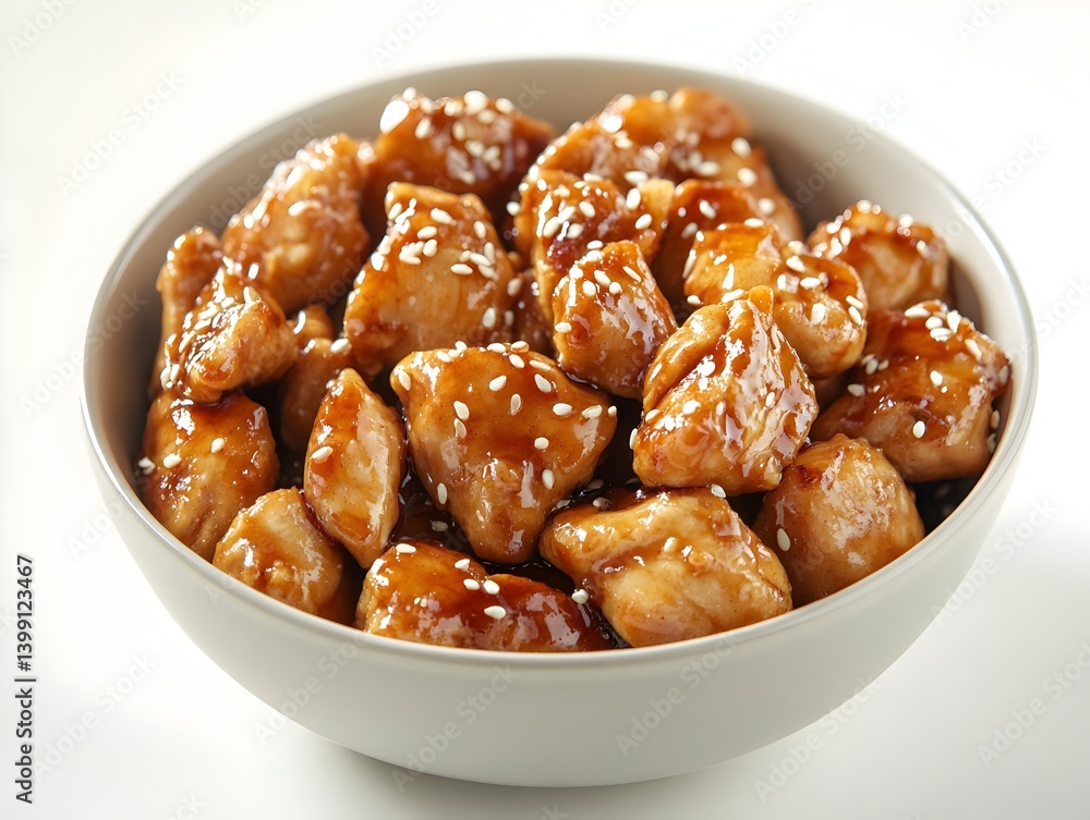 Delicious teriyaki chicken pieces glazed in sweet savory sauce are served in a simple elegant bowl ready to eat. Delicious teriyaki chicken pieces glazed in sweet savory sauce are served in a simple elegant bowl ready to eat.