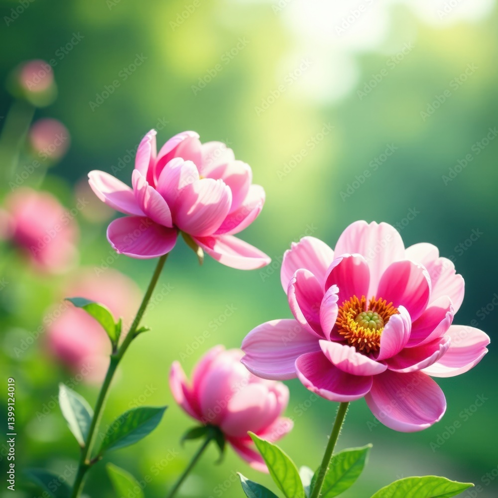 Soft focus watercolor peony flowers in a garden setting , floral, foliage Soft focus watercolor peony flowers in a garden setting , floral, foliage