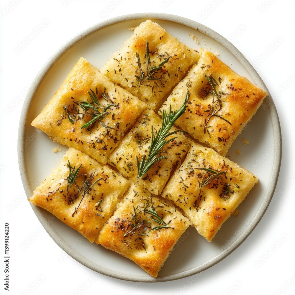 A top view of a plate of freshly baked focaccia bread, isolated on a white background A top view of a plate of freshly baked focaccia bread, isolated on a white background
