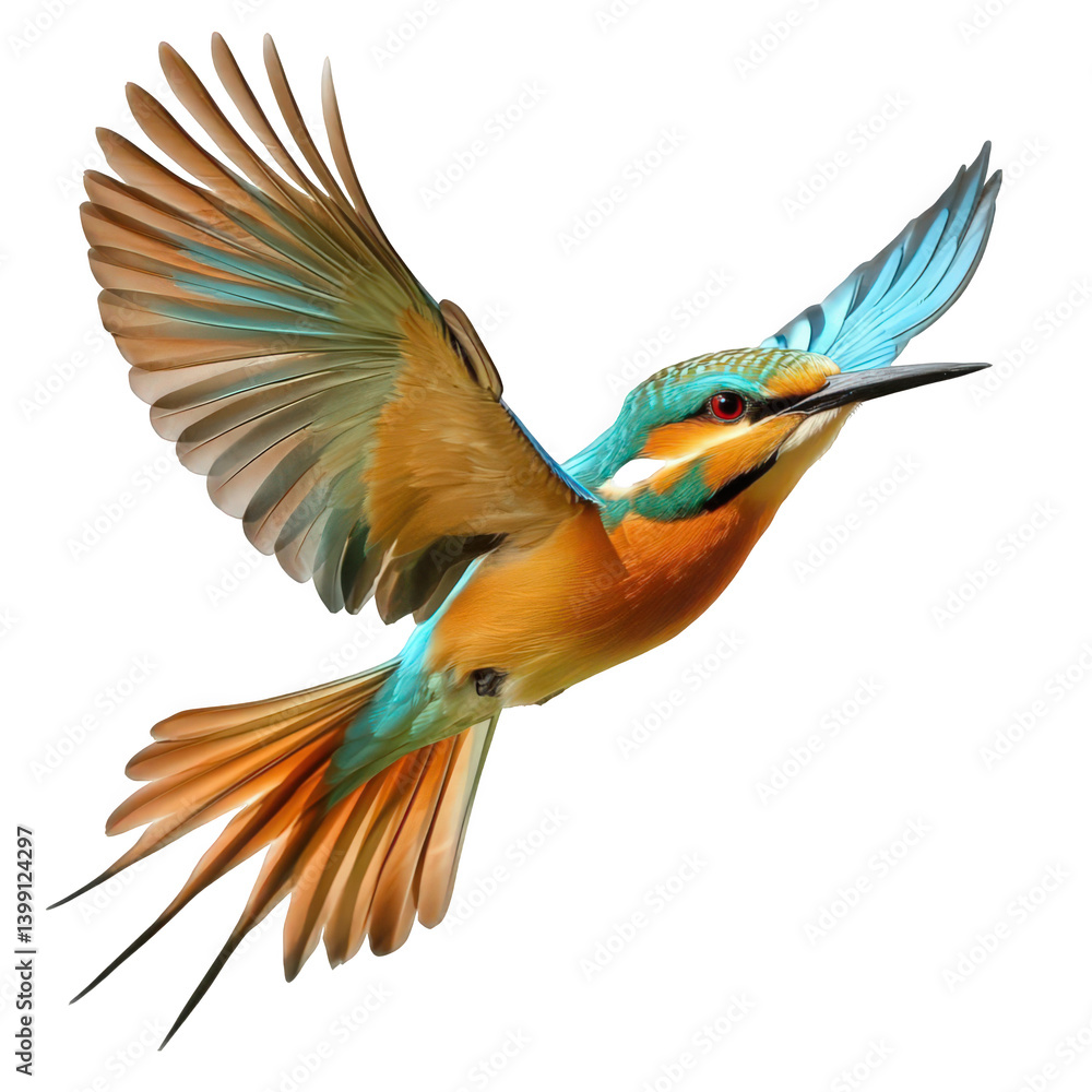 Fototapeta premium A vibrant kingfisher bird in flight, showcasing its stunning blue and orange feathers.