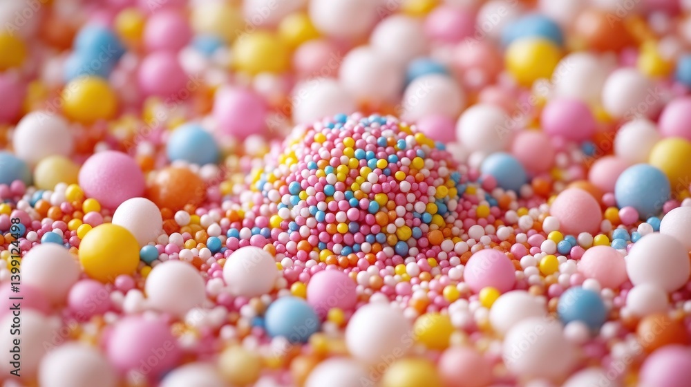 Colorful sugar sprinkles and candy spheres create a tasty surface Colorful sugar sprinkles and candy spheres create a tasty surface