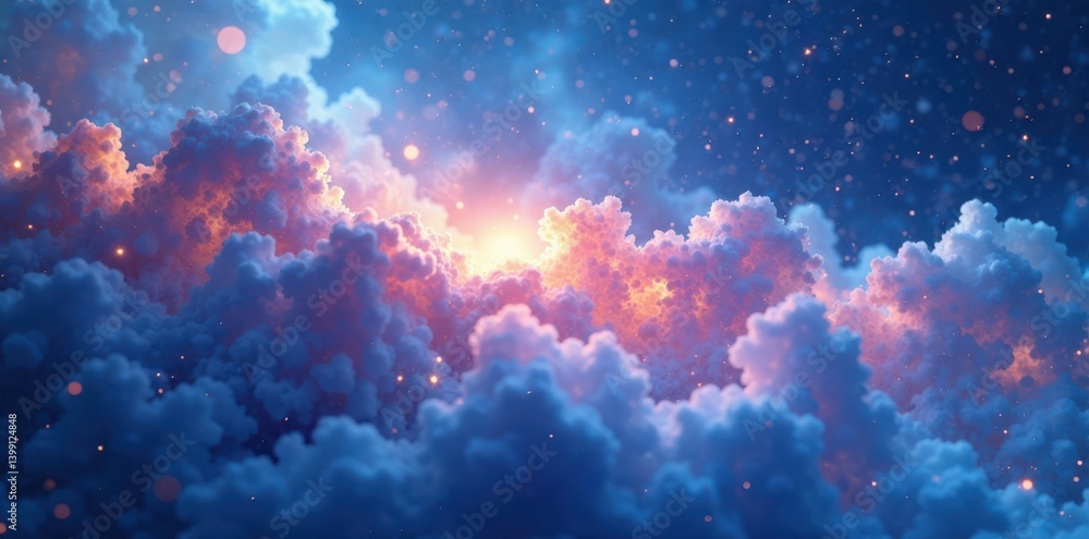 Softly glowing nebulae against light blue abstract background, glow, starry night sky Softly glowing nebulae against light blue abstract background, glow, starry night sky