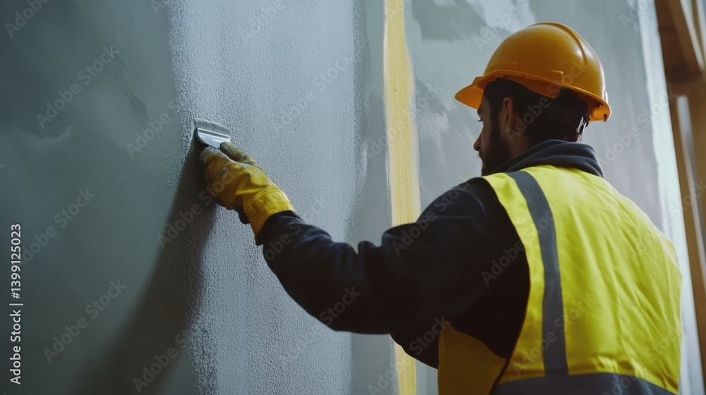 A construction site worker applying paint to a newly installed wall. Featuring precision and technique A construction site worker applying paint to a newly installed wall. Featuring precision and technique