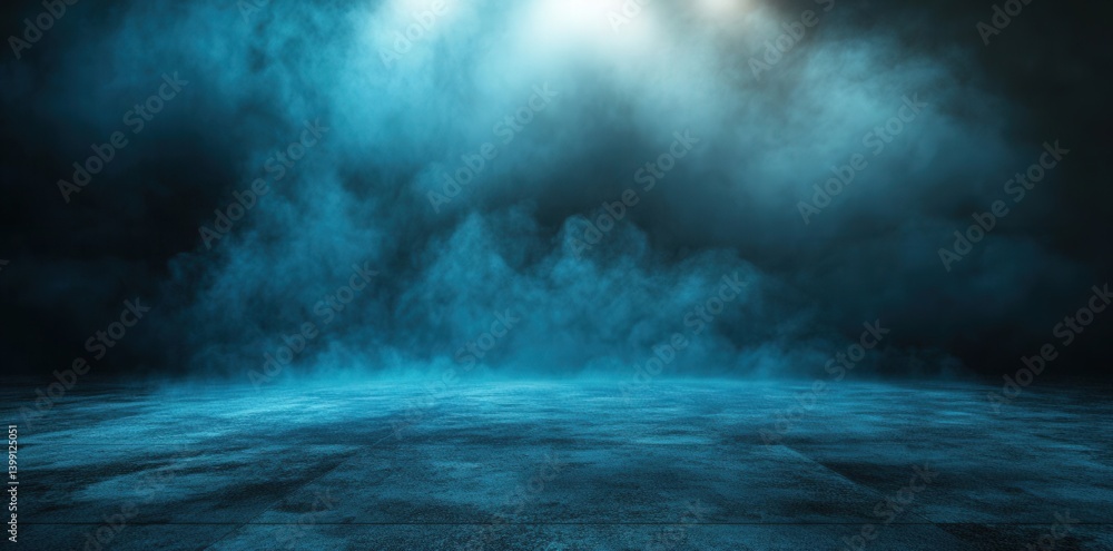 Abstract blue and black background with a spotlight on a concrete floor, featuring smoke in a dark room. Ideal for product presentations, mockups, and photo studio displays. Abstract blue and black background with a spotlight on a concrete floor, featuring smoke in a dark room. Ideal for product presentations, mockups, and photo studio displays.