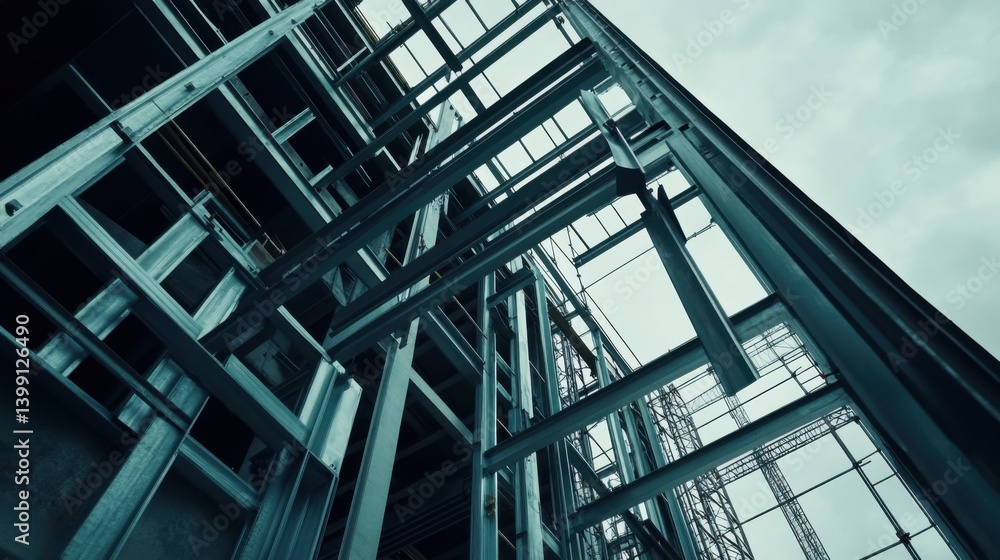 A construction site worker assembling a steel frame for a high-rise building. Featuring technical skill and teamwork A construction site worker assembling a steel frame for a high-rise building. Featuring technical skill and teamwork