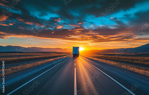 long stretch of road at dusk with delivery truck disappearing into sunset makes you feel sense of adventure, driving into unknown