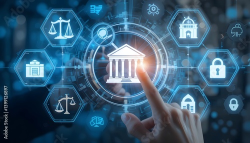 Finger touching bank icon surrounded by law, security, and technology icons on a blue background