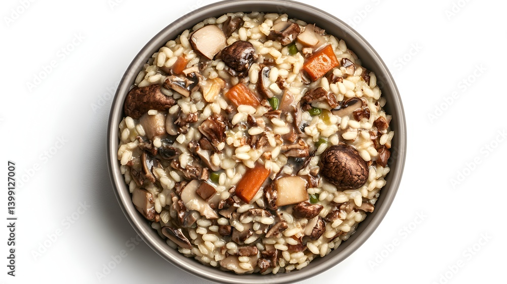 A delicious and savory mushroom risotto is served in a gray bowl against a clean white background perfect for culinary websites or food blogs. A delicious and savory mushroom risotto is served in a gray bowl against a clean white background perfect for culinary websites or food blogs.