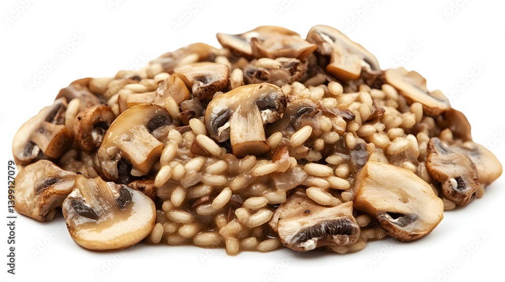 A delectable creamy mushroom risotto dish is artfully arranged on a pristine white background ready to be served. A delectable creamy mushroom risotto dish is artfully arranged on a pristine white background ready to be served.