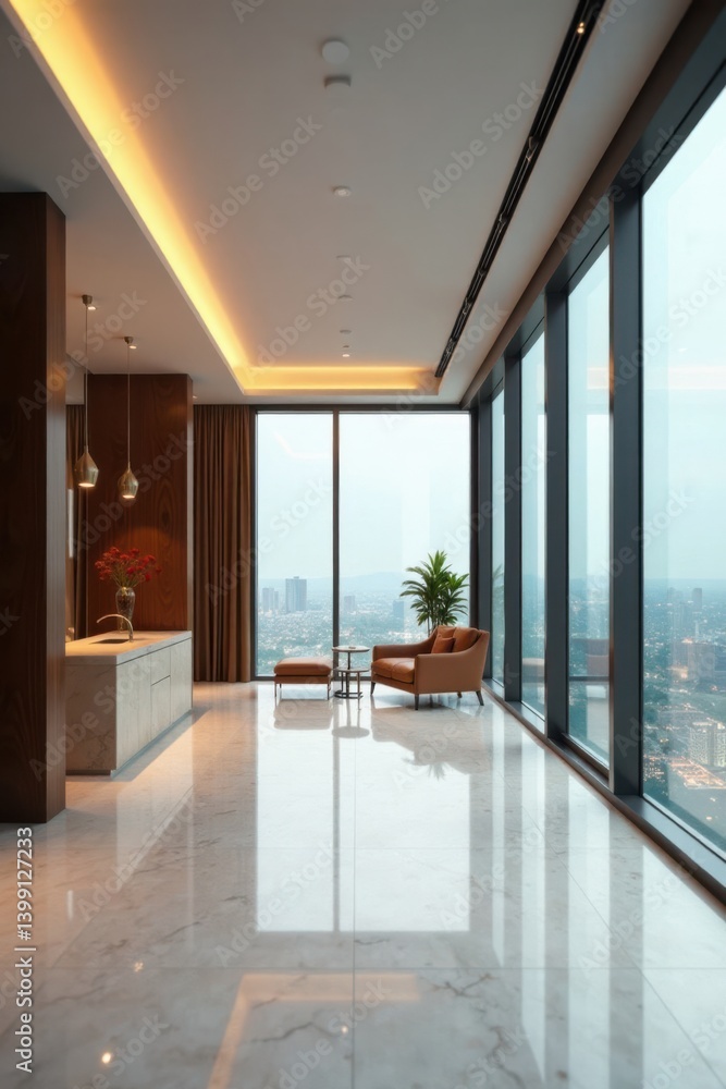Fototapeta premium Sleek high-rise interior with marble floors and floor-to-ceiling windows , minimalist, apartments