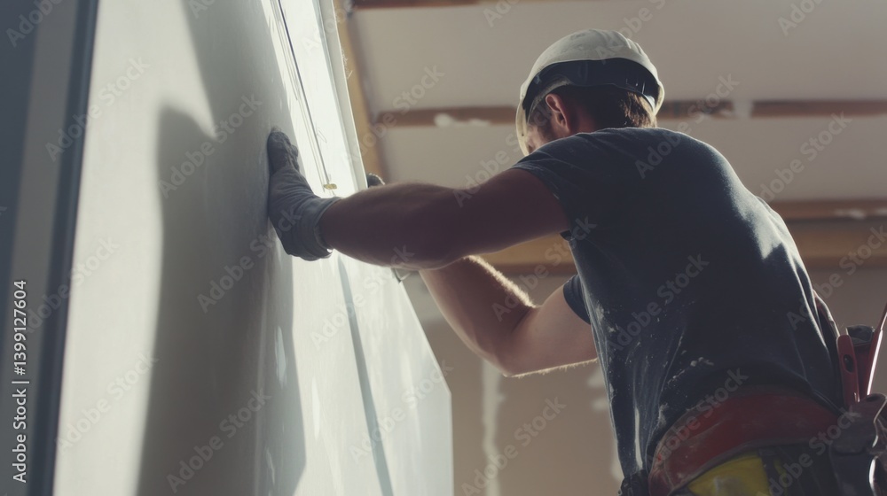 A construction site worker assembling drywall panels. Featuring skill and precision A construction site worker assembling drywall panels. Featuring skill and precision