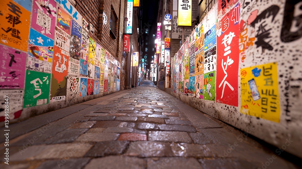 Fototapeta premium Vibrant night alleyway in japan with colorful posters