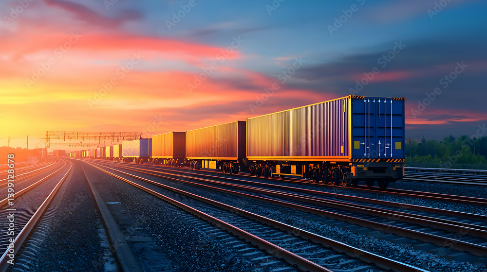 Fototapeta premium Freight Train At Sunset