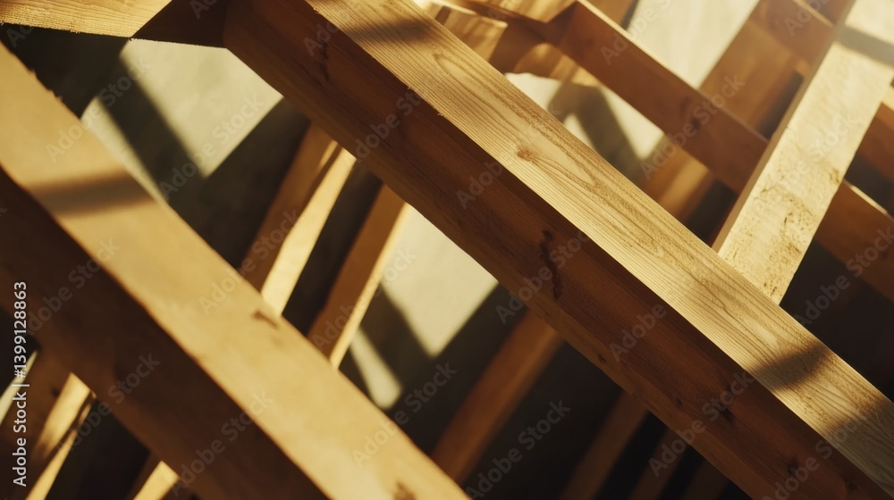 A construction site worker assembling wooden beams for framework. Featuring carpentry and woodwork A construction site worker assembling wooden beams for framework. Featuring carpentry and woodwork