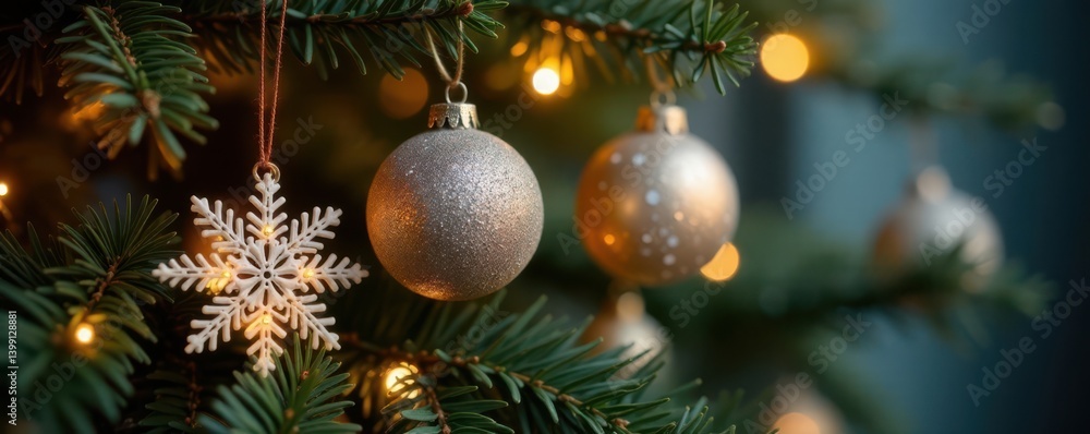 Snowflake ornaments and twinkling lights adorn a rustic wooden tree branch, cozy ambiance, christmas decorations Snowflake ornaments and twinkling lights adorn a rustic wooden tree branch, cozy ambiance, christmas decorations