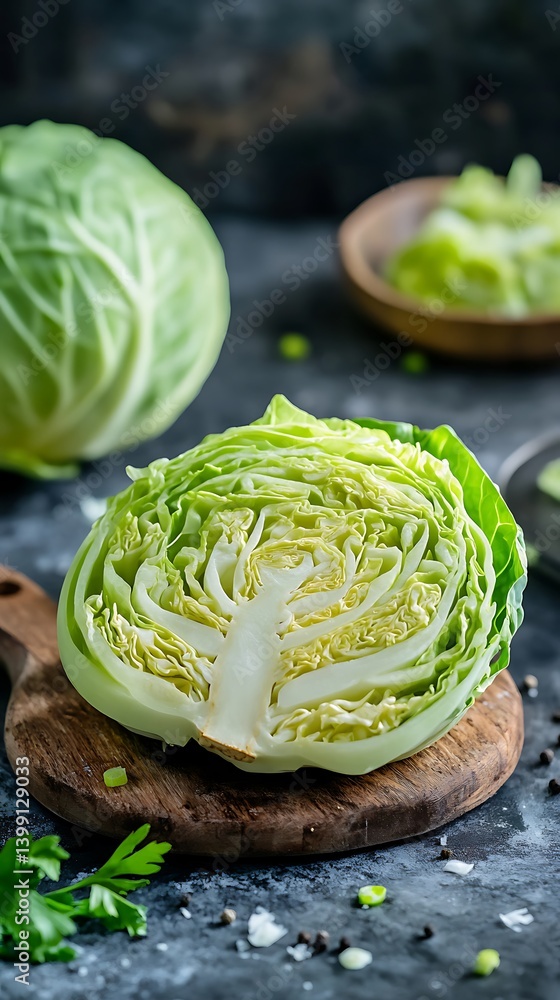 Obraz premium Fresh sliced green cabbage on kitchen table, healthy vegetable preparation