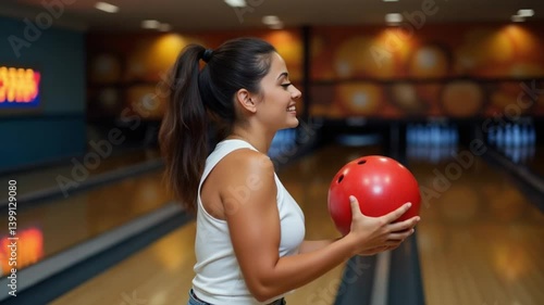 Smiling Woman Holding Red Bowling Ball in Modern Alley