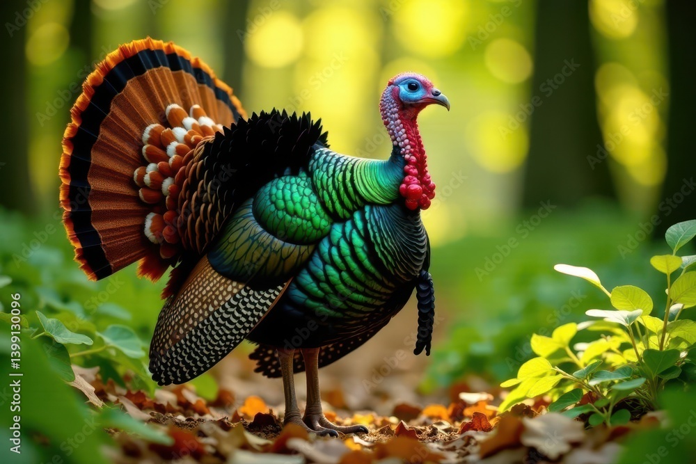 Obraz premium Majestic iridescent wildfowl with vibrant plumage, standing amidst autumnal foliage in a sun-dappled woodland setting