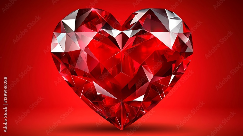 Shiny Red Heart-Shaped Gemstone with Facets and Reflections on a Vibrant Red Background Shiny Red Heart-Shaped Gemstone with Facets and Reflections on a Vibrant Red Background