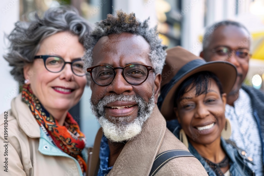 Group of diverse senior friends walking together in the city. This is a close up of a diverse group of people smiling and looking at the camera. Group of diverse senior friends walking together in the city. This is a close up of a diverse group of people smiling and looking at the camera.