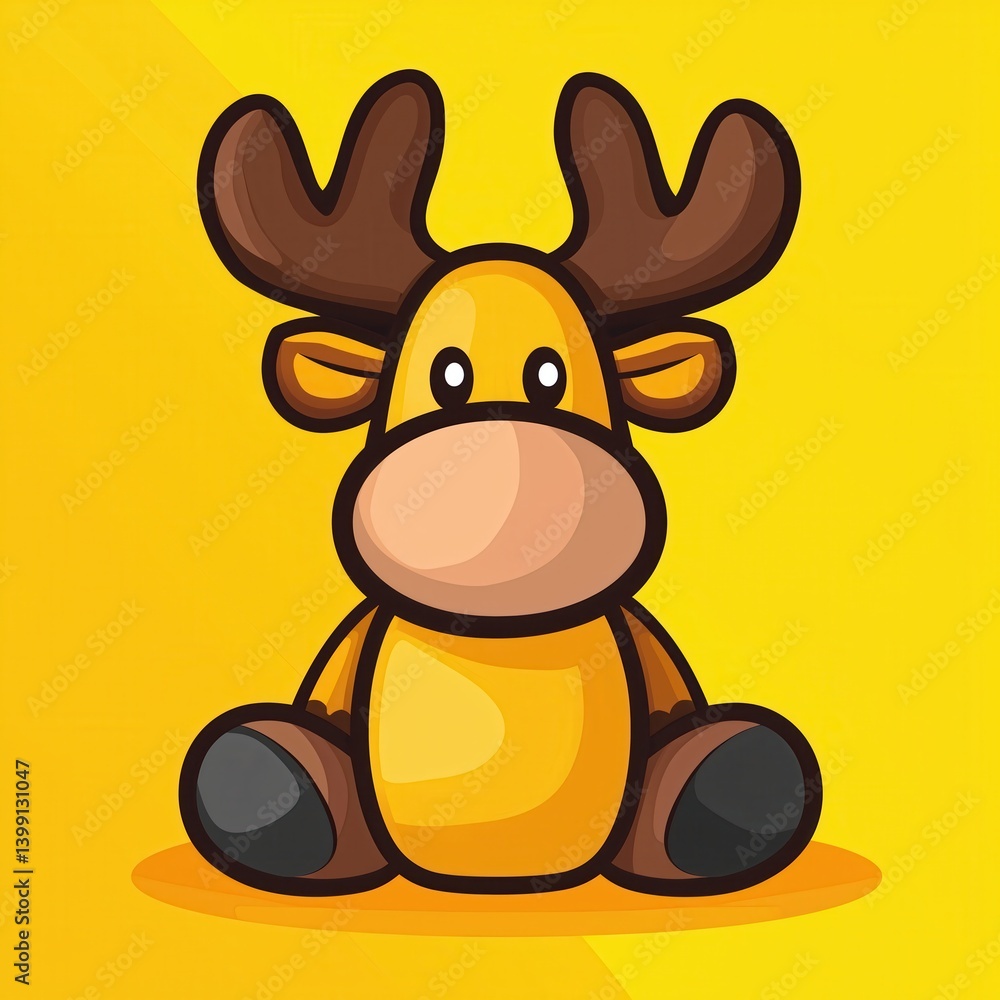 Fototapeta premium Cartoon moose with large antlers sitting on bright yellow background