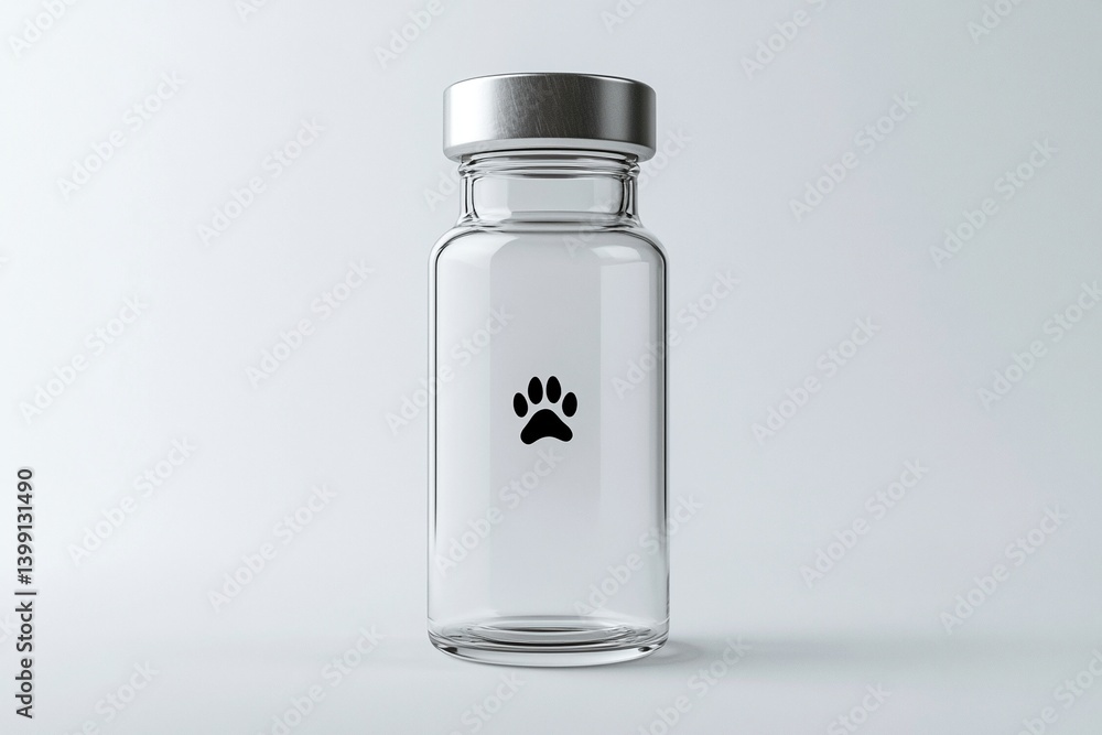 A clear glass vial with a silver cap features a small black paw print, suggesting pet medication. A clear glass vial with a silver cap features a small black paw print, suggesting pet medication.