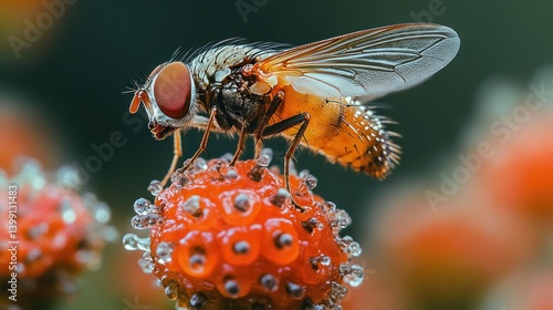 Macro Photography: A Tachinid Fly Perched on Dew-Covered Berries
