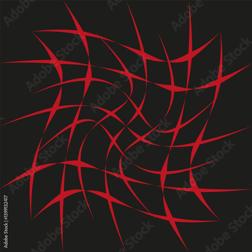 Red swirl pattern. Dynamic starburst shape. Black background contrast. Vector illustration.