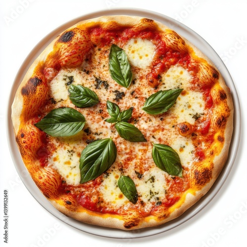 A top view of a plate of margherita pizza with fresh basil, isolated on a white background