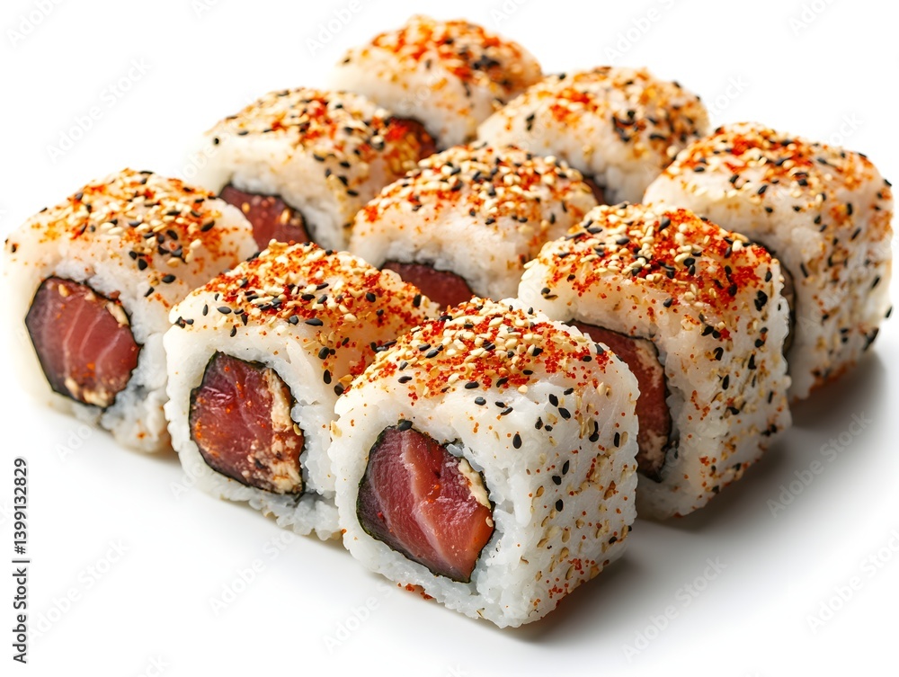 Delicious spicy tuna sushi rolls arranged neatly on a white background ready to be served for a delicious meal. Delicious spicy tuna sushi rolls arranged neatly on a white background ready to be served for a delicious meal.