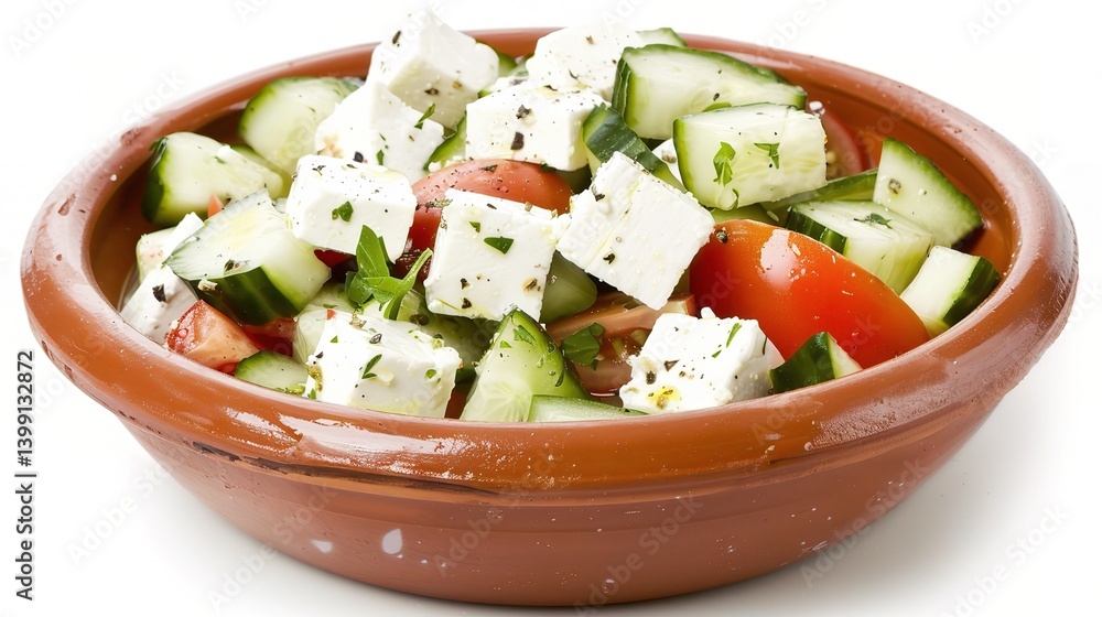 An inviting Greek salad is attractively presented. The Greek salad, a classic Mediterranean dish, features a vibrant combination of fresh ingredients An inviting Greek salad is attractively presented. The Greek salad, a classic Mediterranean dish, features a vibrant combination of fresh ingredients