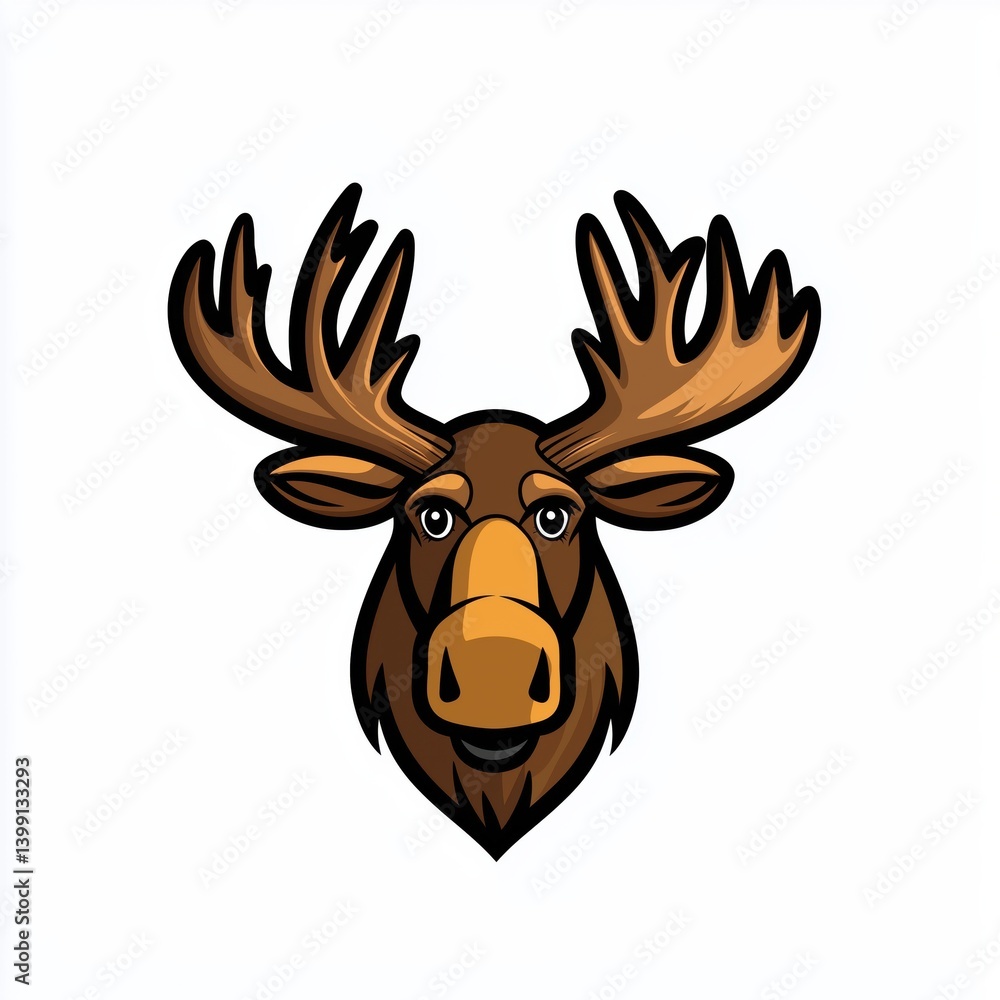 Illustration of a moose head with large dark brown antlers and light brown snout Illustration of a moose head with large dark brown antlers and light brown snout