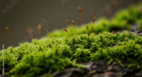 Vivid green moss grows on a tree branch with sporophytes emerging