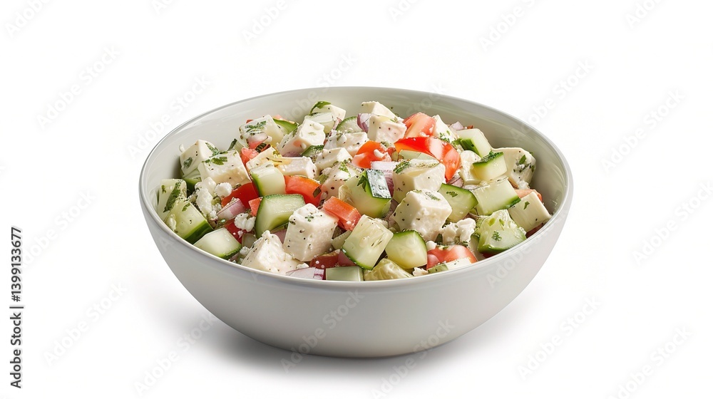 An inviting Greek salad is attractively presented. The Greek salad, a classic Mediterranean dish, features a vibrant combination of fresh ingredients An inviting Greek salad is attractively presented. The Greek salad, a classic Mediterranean dish, features a vibrant combination of fresh ingredients
