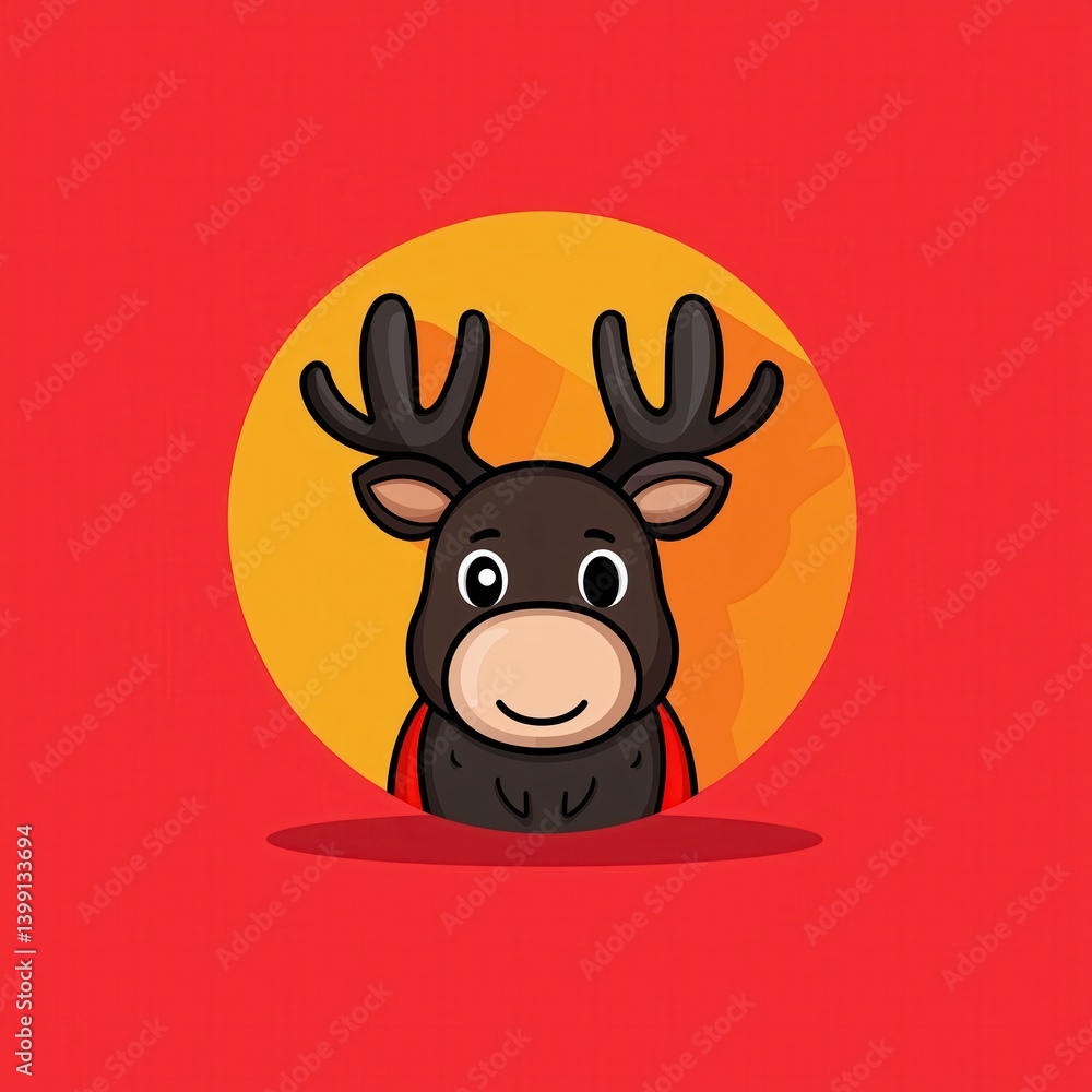 Cartoon reindeer with large antlers and smiling face on red background with yellow sun Cartoon reindeer with large antlers and smiling face on red background with yellow sun