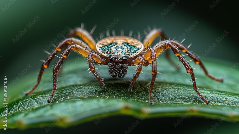 Magnificent Microscopic Marvel: A Close-Up of a Striking Spider on a Lush Green Leaf Magnificent Microscopic Marvel: A Close-Up of a Striking Spider on a Lush Green Leaf