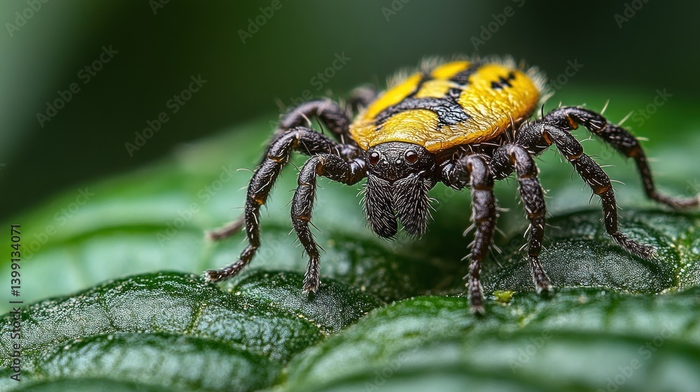 Macro Photography of a Yellow and Black Spider on a Leaf Macro Photography of a Yellow and Black Spider on a Leaf