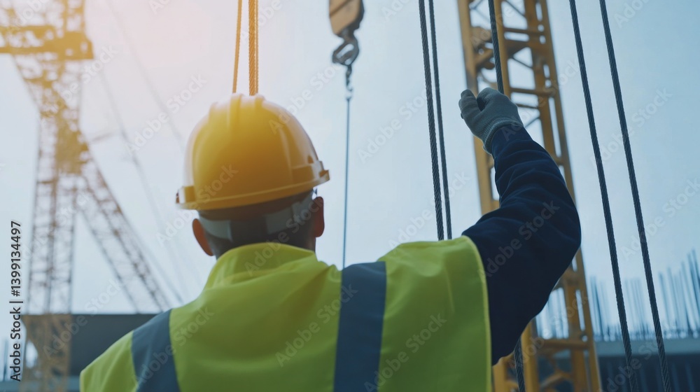 A construction site worker coordinating with a team on an overhead lift. Featuring teamwork and communication A construction site worker coordinating with a team on an overhead lift. Featuring teamwork and communication