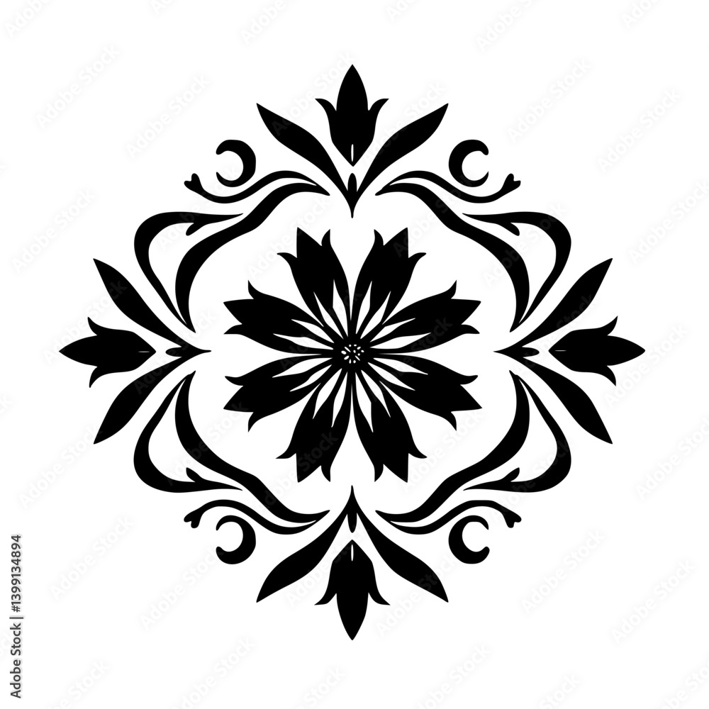 Fototapeta premium Black Floral Damask Ornament on White, Minimalist Vector