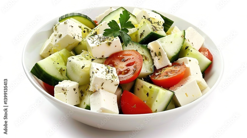 An inviting Greek salad is attractively presented. The Greek salad, a classic Mediterranean dish, features a vibrant combination of fresh ingredients An inviting Greek salad is attractively presented. The Greek salad, a classic Mediterranean dish, features a vibrant combination of fresh ingredients