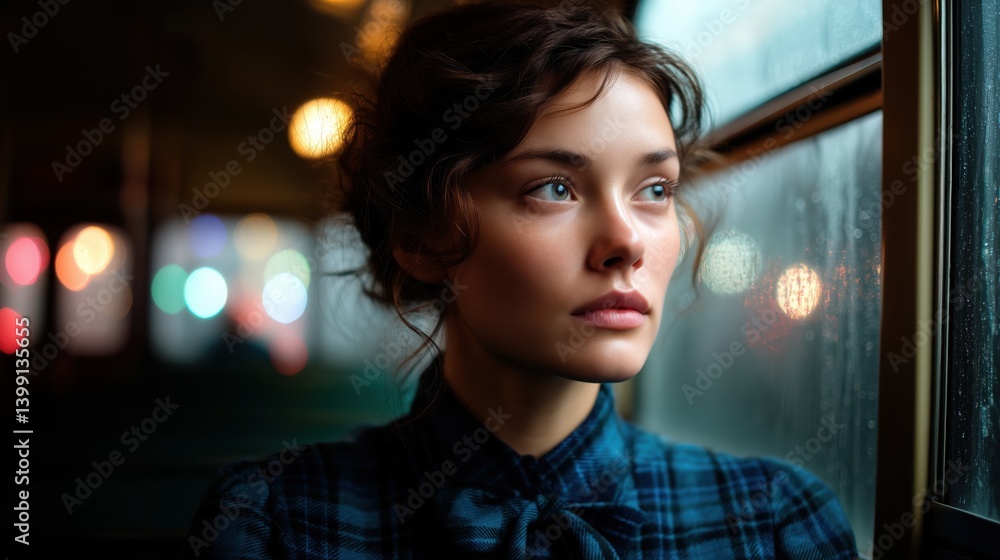 Obraz premium Young woman with blue eyes and tousled dark hair in blue plaid shirt looking contemplative through a window with raindrops