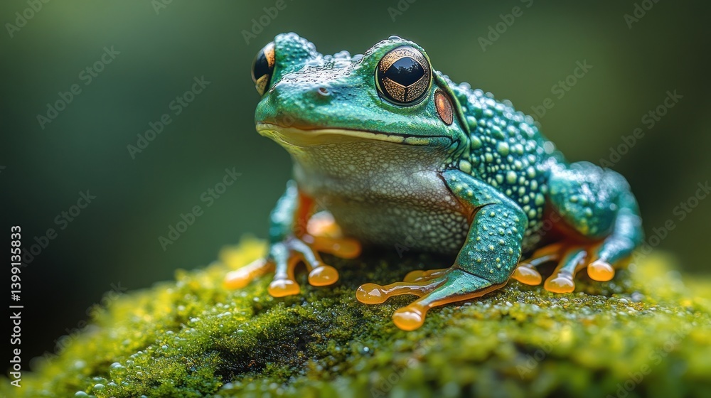 Fototapeta premium Vibrant Green Tree Frog on Mossy Rock